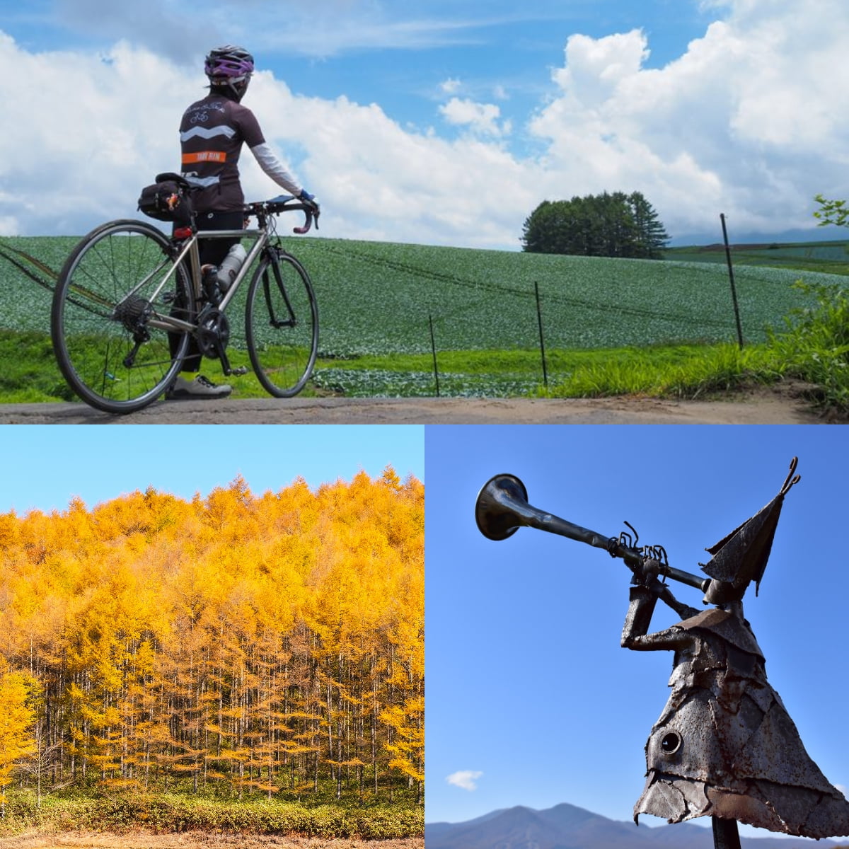 黄色い木々が広がる森。 青い背景の前で自転車に乗る人物。トランペットを吹く人物の金属彫刻。